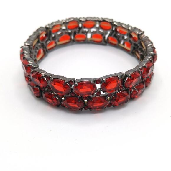 Red Rhinestone Gunmetal Grey Stretch Link Bracelet, 7 Inches - Picture 5 of 10
